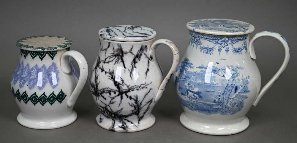 Eight 19th century pottery treacle jars with screw tops, four with blue and white transfer-printed - Image 5 of 8