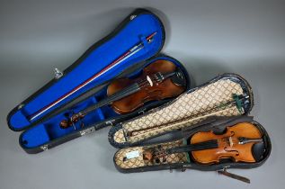 A modern child's violin with 33 cm back, in case with P & H bow, to/w a child's vintage violin