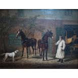 W Turner - A groom with horses before a coach house, oil on panel, signed lower left, 39 x 51 cm