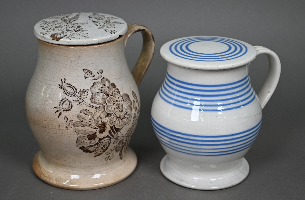 Eight 19th century pottery treacle jars with screw tops, four with blue and white transfer-printed - Image 7 of 8