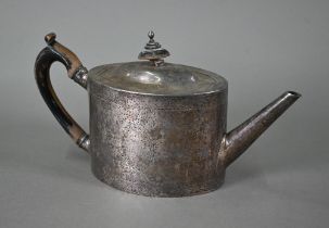 A George III silver tea pot of oval form with straight spout, nail-punch decoration and ebonised