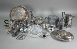 A quantity of electroplated wares including biscuit-box, cocktail shaker, salver, coffee pot,