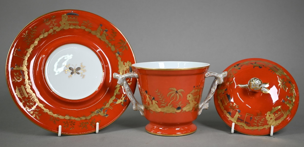 A Tiffany 'Private Stock' china two-handled cup and cover on stand, hand-decorated with gilded - Image 2 of 3