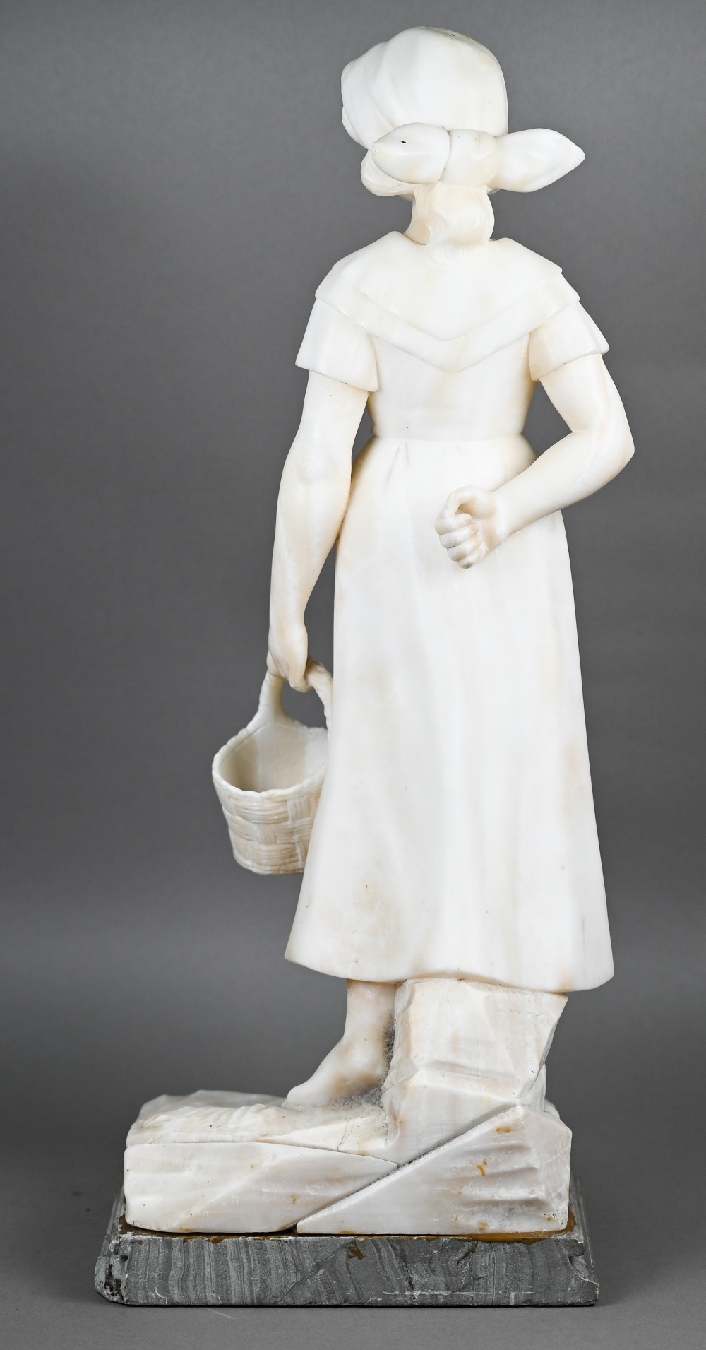 A late 19th century Continental alabaster figure of a country girl with basket (unsigned), 50 cm - Image 5 of 7