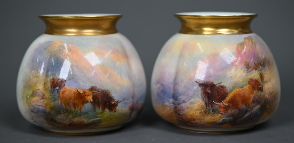 A pair of Royal Worcester vases, with gilded rims, painted with Highland cattle by Harry Stinton, - Image 2 of 10