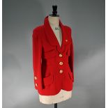 A Chanel Boutique jacket in red wool, long line with double collar, single breasted with four open