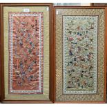 Two early 20th century Chinese embroidered silk 'one hundred boys' panels peach/gold ground with