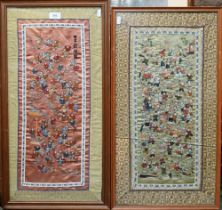Two early 20th century Chinese embroidered silk 'one hundred boys' panels peach/gold ground with