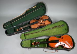 An antique violin with 35.5 cm two-piece flame mahogany back 60 cm long overall, with bow in case