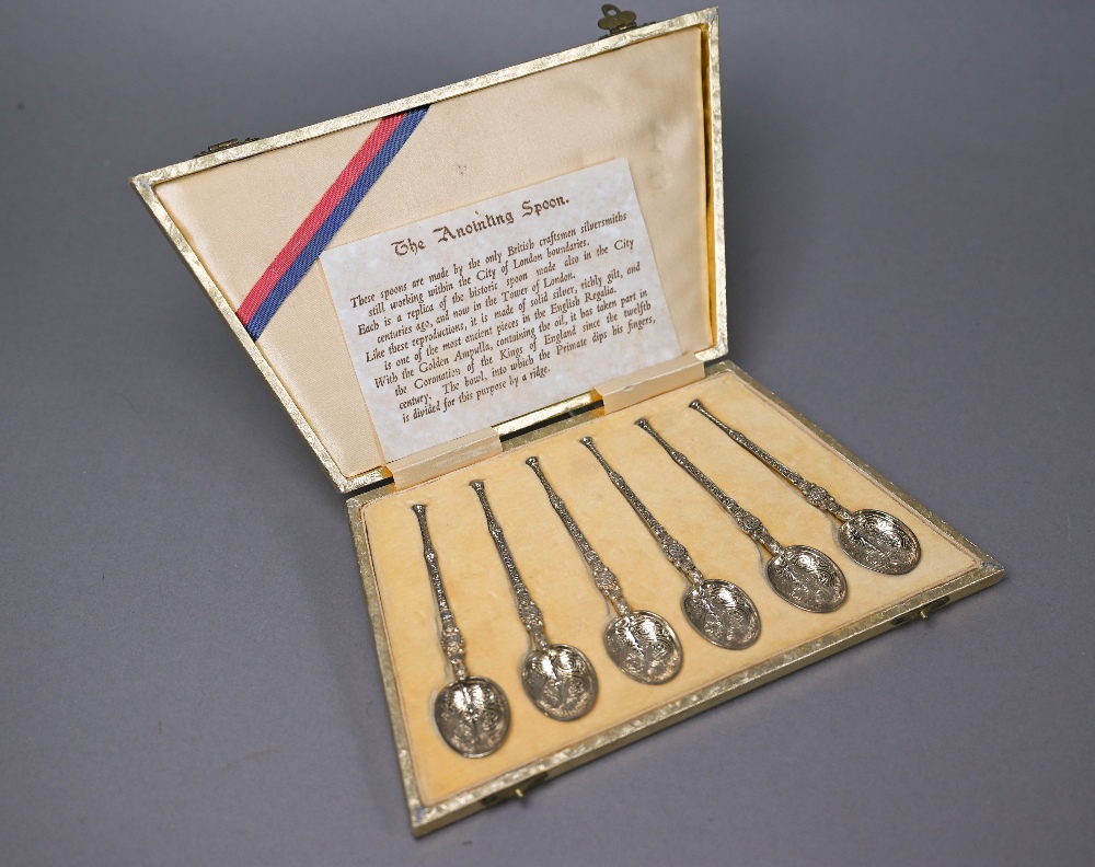 A cased set of six silver gilt facsimile Coronation Anointing spoon coffee spoons, London 1936