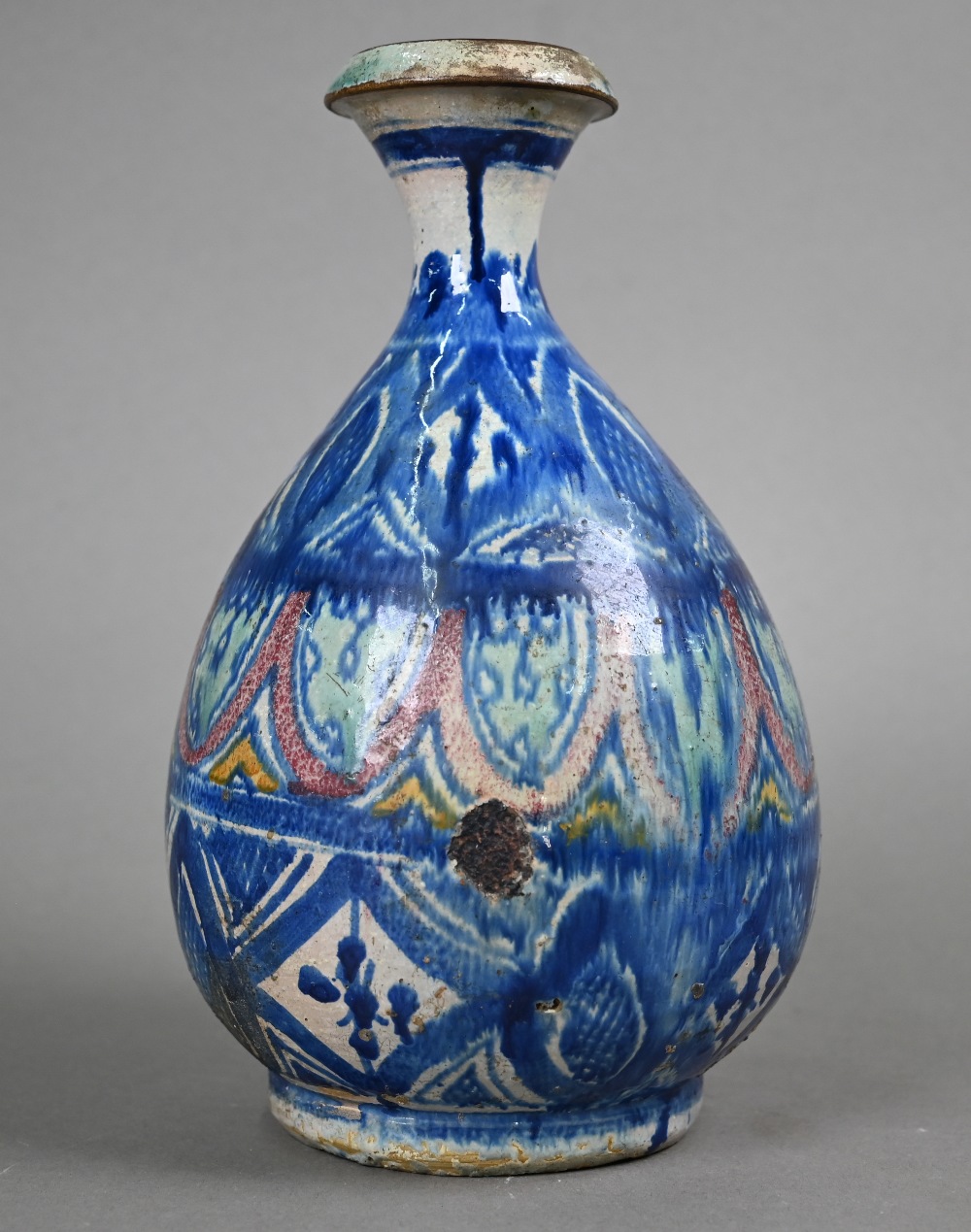 A majolica pear-shaped vase with flared neck decorated in the Isnic manner in blue, green, red and - Image 2 of 4