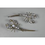 A pair of brooches in the form of moonstone-set scorpions, each with graduated cabochon moonstones