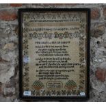 A Victorian needlework sampler, worked with alphabets, numbers, religious verses and fruit-
