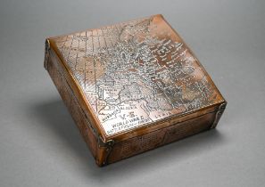 A World War II brass cigar box, the cover engraved with 'V-E World War II Battlefields of Europe',