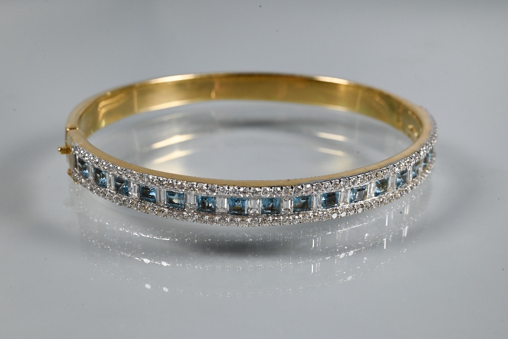 A diamond and blue topaz suite comprising half-hinged bangle with alternate channel-set diamonds and - Image 3 of 8