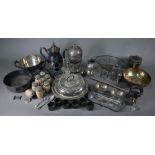 A box of electroplated wares, including an egg-boiler with chicken finial, a chafing dish, a set