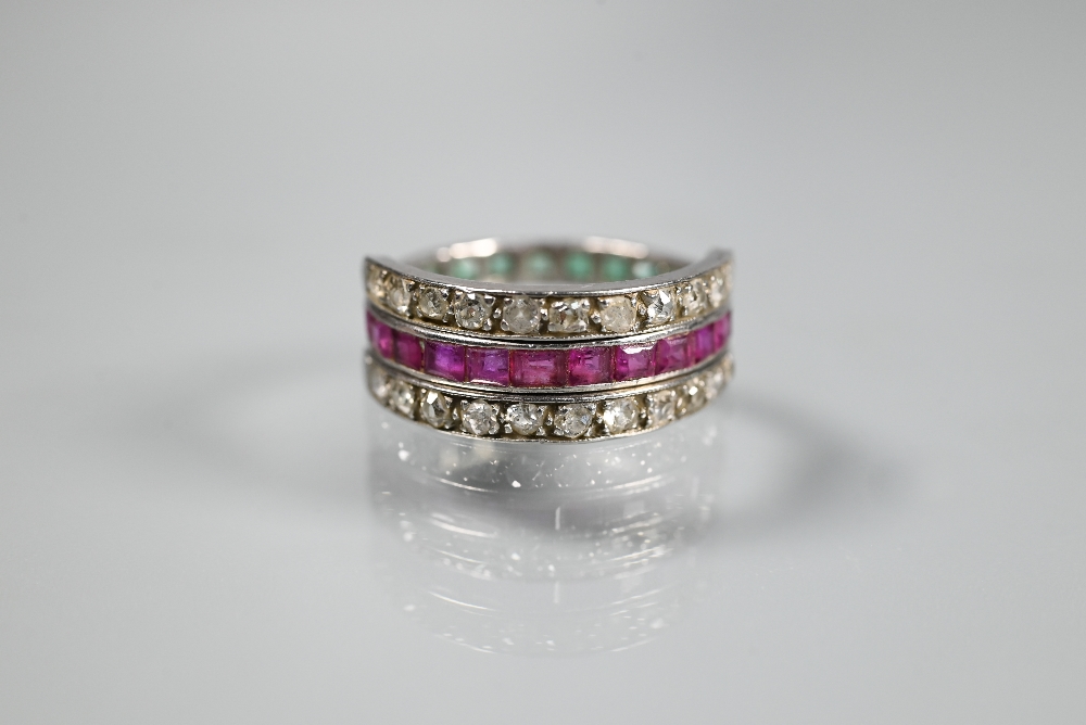 A trio 'Day/Night' ring, white metal set with channel set diamonds, rubies and emeralds, size M - Image 6 of 6