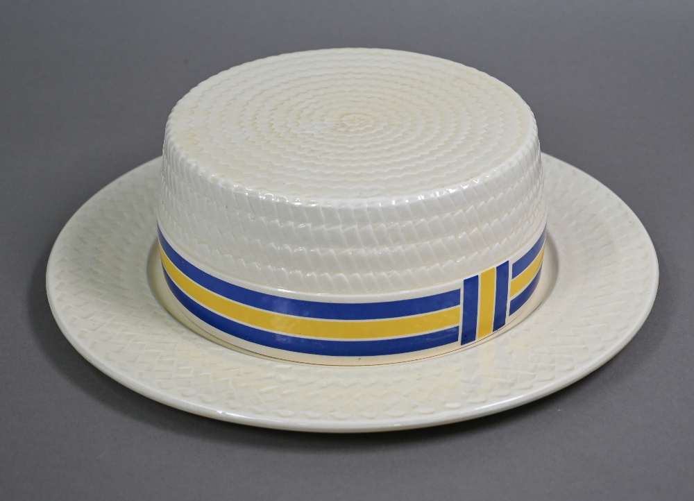 The 'Cheese Boater', a 1930s earthenware cheese dish and cover modelled as a boater hat with a - Image 2 of 7