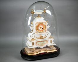 A 19th century French gilt-metal mounted white alabaster mantel clock, the 8-day two train drum