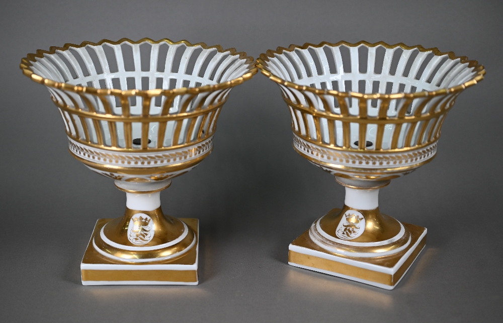 A pair of Continental porcelain pierced baskets with flared tops and stemmed square bases, decorated - Image 2 of 5