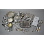 An epns asparagus dish with rack, an entrée dish and cover and other electroplated wares (box)