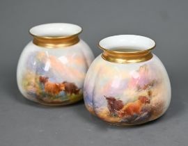 A pair of Royal Worcester vases, with gilded rims, painted with Highland cattle by Harry Stinton,