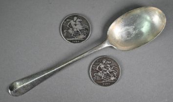 An 1821 crown fair and 1889 crown F, to/w a silver rat-tail tablespoon, Sheffield 1926, 3.9 oz total