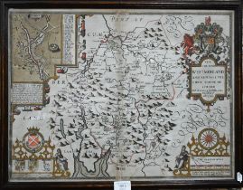 A 17th century county map engraving by John Speed, 'The Countie Westmorland and Kendale the Cheif
