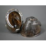 A Victorian pair of silver-mounted horse's hooves, fashioned as candlesticks, engraved '"Mischief"