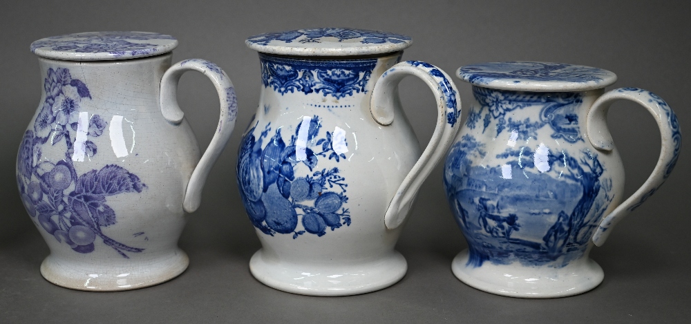 Eight 19th century pottery treacle jars with screw tops, four with blue and white transfer-printed - Image 3 of 8