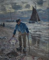 Olof Jernberg (1855-1935) - 'Fische am Meer', fisherman, oil on canvas, signed lower right, 80 x