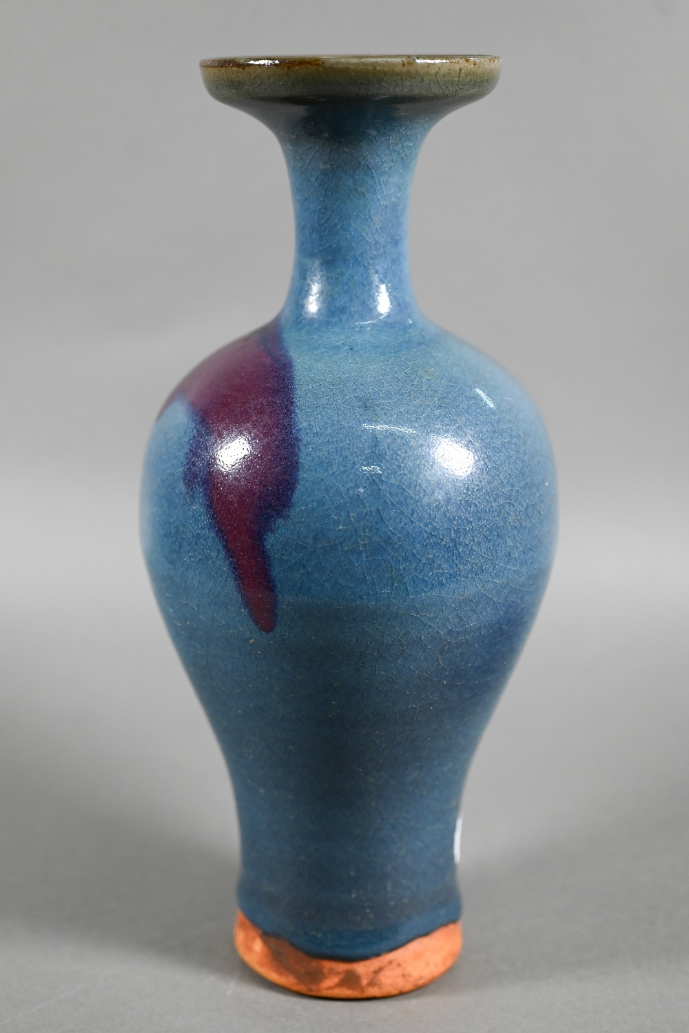 A Chinese Jun Yao style baluster vase evenly covered with a crackled turquoise glaze with large - Image 4 of 8