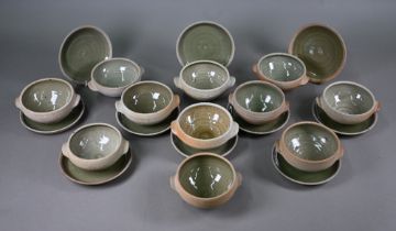 Leach Pottery St Ives - a part set of eleven 12cm soup bowls and ten 15 cm saucers, with glazed
