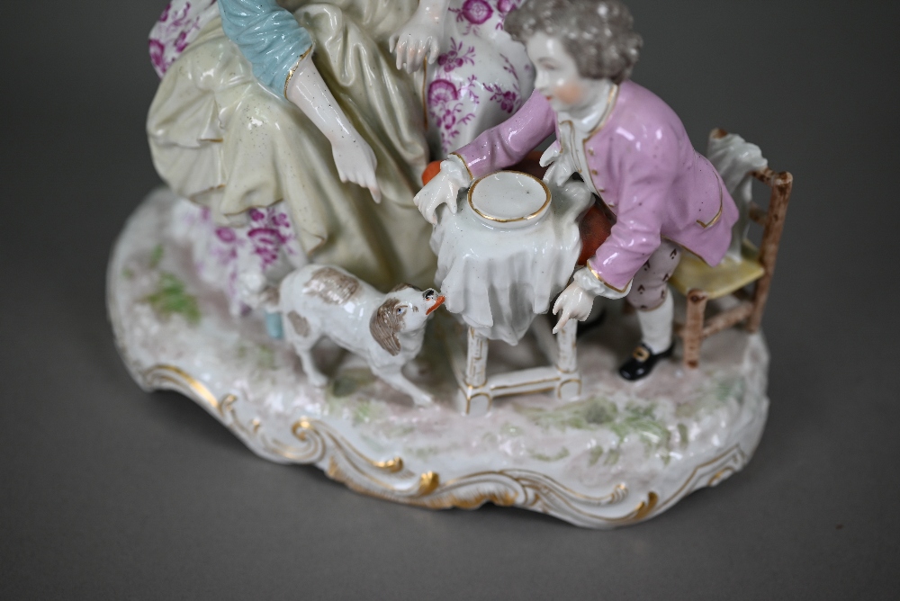 A 19th century porcelain group, 18th century mother and child, the boy feeding scraps to a - Image 6 of 6