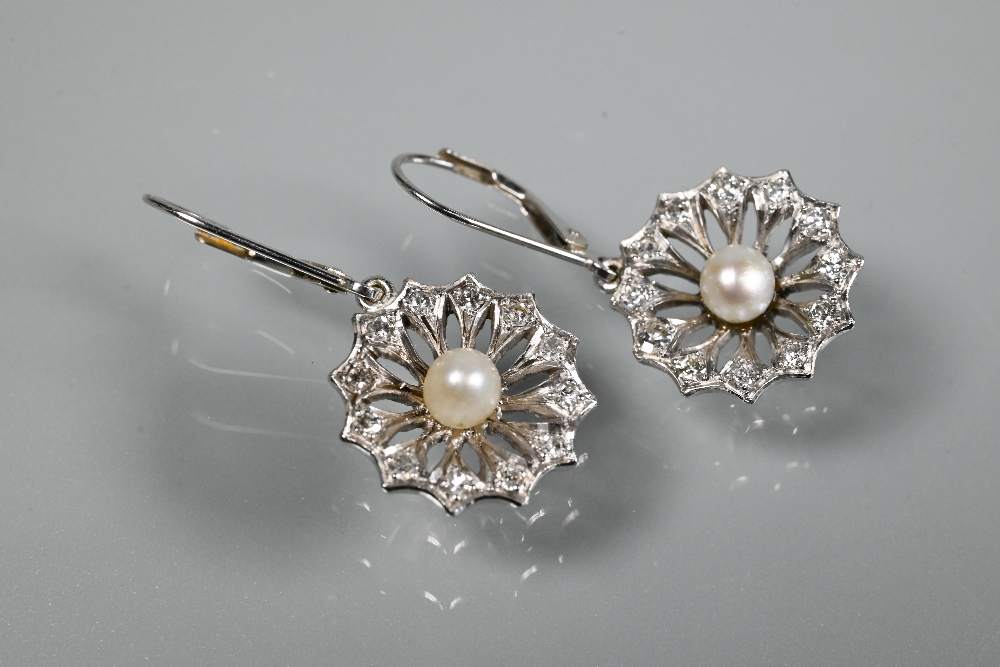 A pair of drop earrings for pierced ears, the open daisy cluster with pearl to the centre and - Image 2 of 4