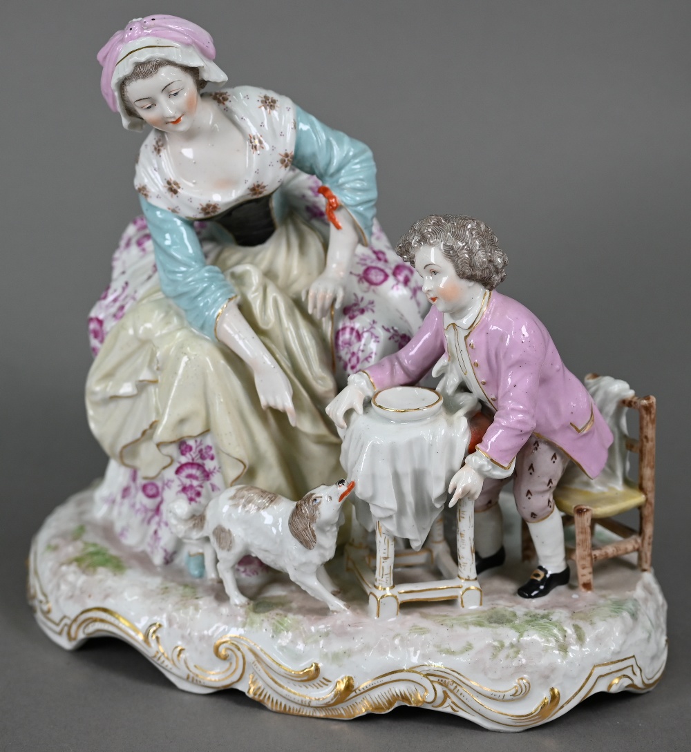 A 19th century porcelain group, 18th century mother and child, the boy feeding scraps to a - Image 2 of 6