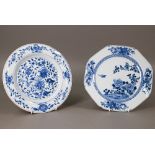 An 18th century Chinese blue and white octagonal plate painted in tones of underglaze blue with