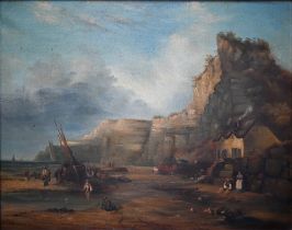 English school - A coastal view with craggy cliff and fisherfolk, oil on canvas, 58 x 73 cm