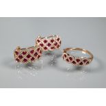 A ring and earring suite stamped 'Royal', with ruby and diamond lattice-work design, rose metal