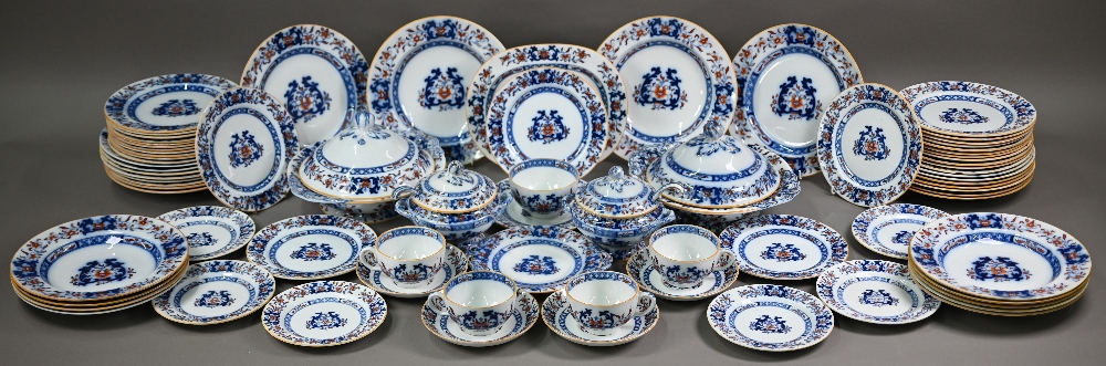 A late Victorian Minton pottery dinner service, printed and painted with blue and iron-red floral - Image 7 of 11