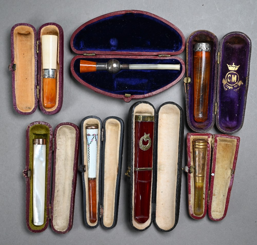 A selection of twelve cased cheroot/cigarette-holders, variously in amber, meerschaum, silver, - Image 2 of 10