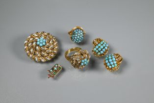 A 1960s style brooch and matching ring formed of yellow metal coiled rope style decoration with