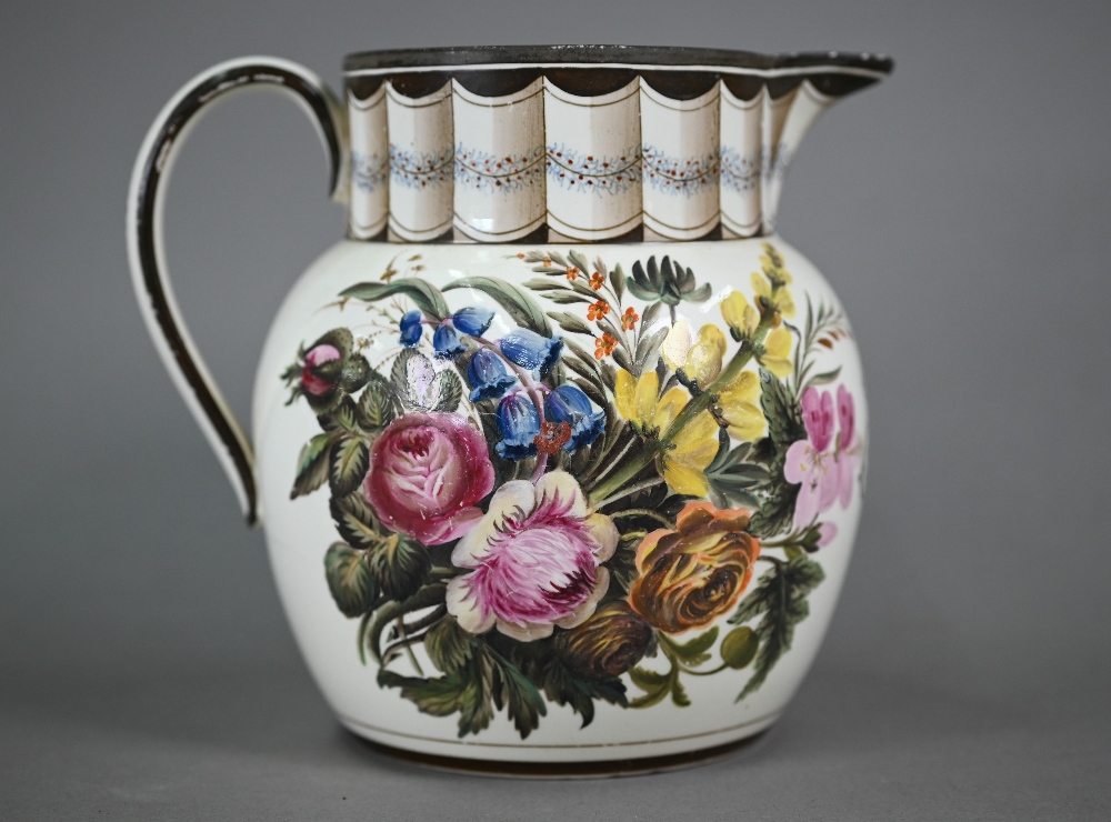 A Regency creamware jug with trompe l'oeuil pleated neck above 'MEN' monogram dated 1808, flanked by - Image 3 of 5