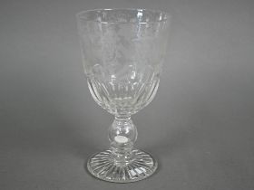 A Victorian coin-stem glass goblet, the cut and vine-etched bowl with AMR monogram, the hollow