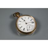 A Waltham 10K cased pocket watch, white enamelled dial with subsidiary seconds