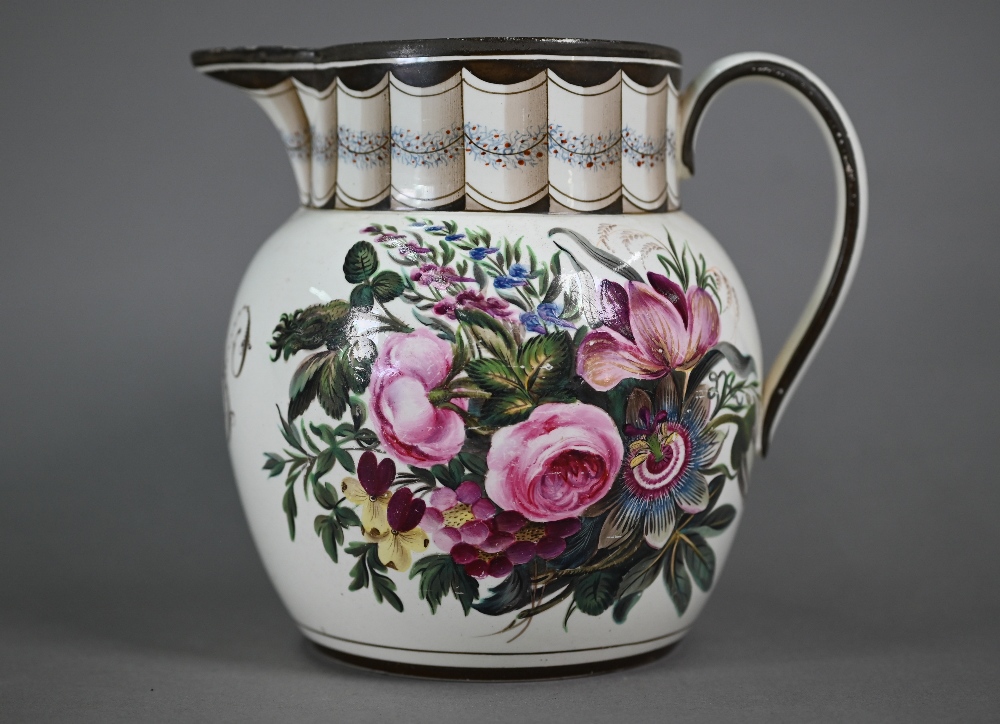 A Regency creamware jug with trompe l'oeuil pleated neck above 'MEN' monogram dated 1808, flanked by - Image 4 of 5