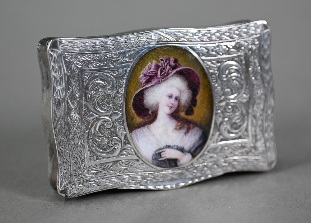 A late 19th Century German .800 grade silver snuff box, the hinged cover with enamelled oval