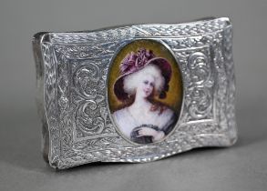 A late 19th Century German .800 grade silver snuff box, the hinged cover with enamelled oval