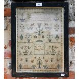 A George IV cross-stitch sampler, worked with sentimental verse, shrubs, birds and other animals, by