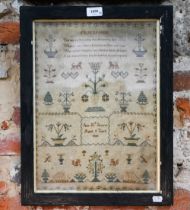 A George IV cross-stitch sampler, worked with sentimental verse, shrubs, birds and other animals, by